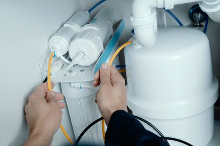 closeup of a caucasian man, wearing blue overalls, installing a reverse osmosis system under the sink of a kitchenの写真素材
