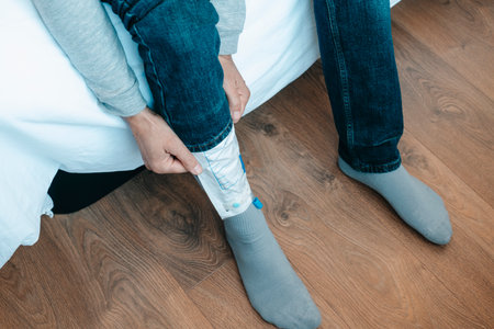 closeup of a man, in casual wear, sitting on the edge of his bed, wearing a urine drainage bag attached to his legの写真素材