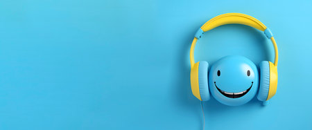 a smiling face wearing a pair of yellow and blue headphones on a blue background, in a panoramic format to use as web bannerの素材