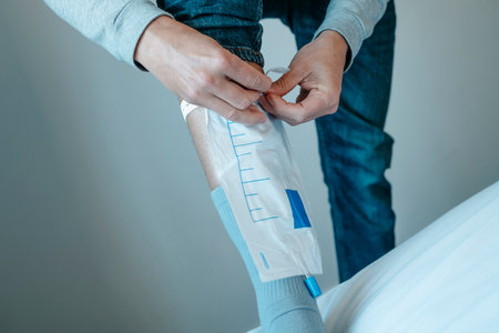 a young man, wearing casual clothes, attaches a urine drainable bag to his leg using elastic strapsの写真素材