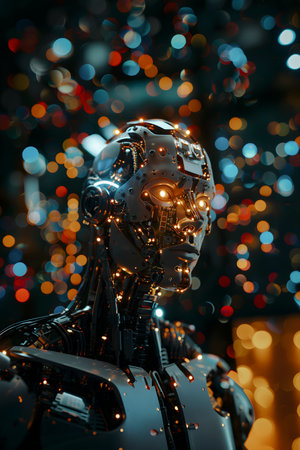 a human-like robot with different lights standing in a cybernetic environmentの素材