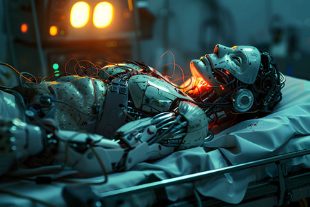 a human-like robot being repaired on an operating room tableの素材