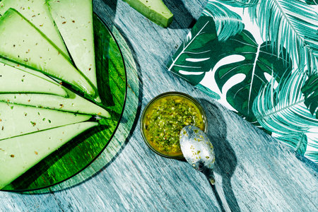 high angle view of some slices of pesto cheese in a green glass plate placed on a gray rustic wooden table next to a glass bowl with some pesto sauceの写真素材