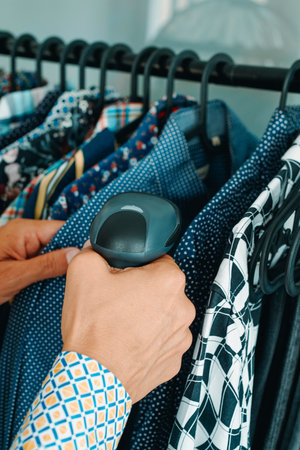 a shop assistant uses a handheld barcode scanner to scan the information of a shirt in a clothes shopの写真素材