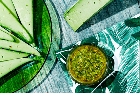 high angle view of a green glass plate with some slices of pesto cheese next to a glass bowl with some pesto sauce in placed on a gray rustic wooden tableの写真素材
