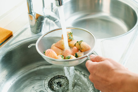 a man rinses some white strawberries placed in a colander under the running water of the kitchen tapの写真素材