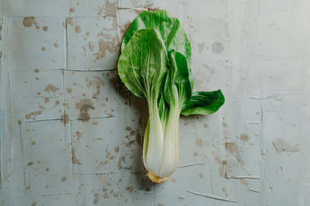 high angle view of a bok choy on a gray textured surface splashed with waterの写真素材