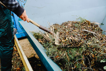 closeup of a man throwing plant remains with a shovel into a large container for plant debrisの写真素材