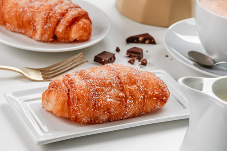 some xuixos de crema, pastries typical of catalonia, spain, filled with custard, on different white ceramic plates, on a table next to a cup of coffeeの写真素材