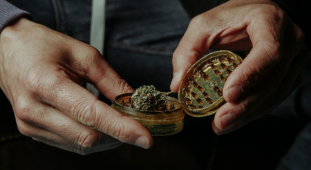 closeup of a man about to grind a cannabis bud with a used yellow grinder, in a panoramic format to use as web banner or headerの写真素材