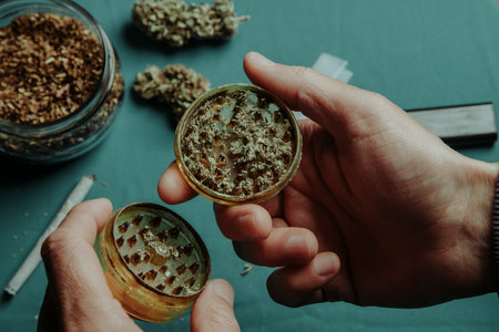 a man has shredded a cannabis bud with a used grinder, at a table where there is a jar with some rolling tobacco and some more cannabis budsの写真素材