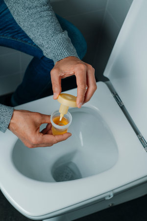 closeup of a man in the bathroom collecting a urine sample in a sterile containerの写真素材