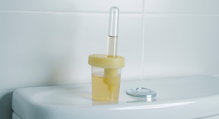 urine sample in a sterile container on the cistern of a toilet in a white tiled bathroom, in a panoramic format to use as web banner or headerの写真素材