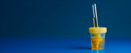 closeup of a sterile container with a sample of urine on a blue surface, in a panoramic format to use as web banner or headerの写真素材