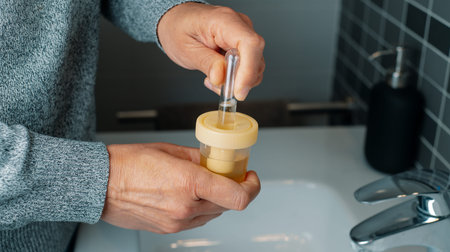 a man in the bathroom collects a urine sample in a tube from a sterile container, in a panoramic...
