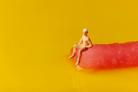 a miniature man, wearing a yellow swimsuit and a white cap, is sitting on a melting strawberry flavoered freeze pop placed on a yellow backgroundの写真素材