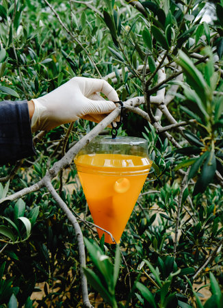 closeup of a man wearing gloves placing a device to trap Bactrocera oleae flies, whose larvae feed on the fruit of olive trees, on the branches of an olive tree, in Catalonia, Spainの写真素材
