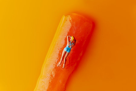 closeup of a miniature blonde woman, in a blue swimsuit, lying face down on an orange flavored freeze pop placed on an orange backgroundの写真素材
