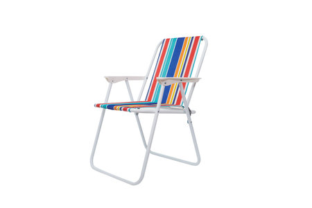 a colorful striped folding chair on a white backgroundの写真素材