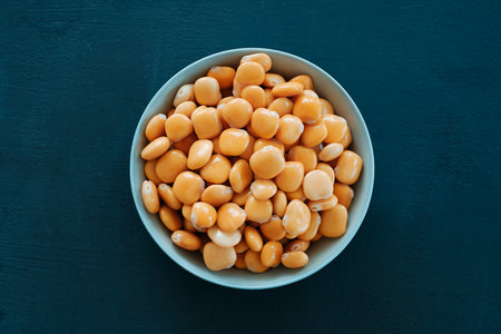 high angle view of a bowl with some spanish altramuces, lupinus albus beans, cooked and pickled in brine, typically eaten as snack, on a dark gray rustic surfaceの写真素材