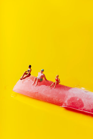 some miniature people in swimsuit sitting on a strawberry flavored freeze pop, on a yellow background with some blak space on topの写真素材