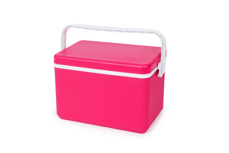 a red pinkish plastic cooler, with a white handle, on a white backgroundの写真素材