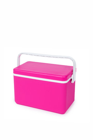 pink plastic cooler with a handle on a white background with some blank space on topの写真素材