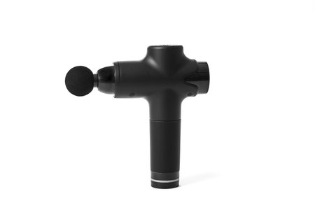 closeup of a black massage gun on a white backgroundの写真素材