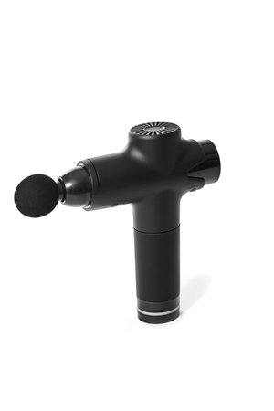 a black massage gun on a white background with some blank space on topの写真素材