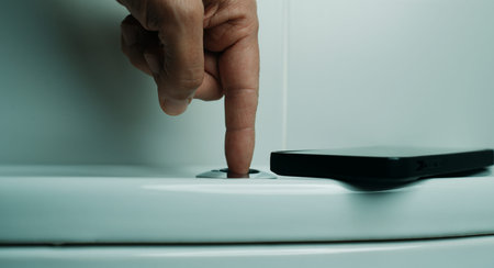 closeup of a man pressing the button to flush the toilet after using it, with his smartphone left on...