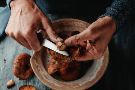 a man, at a gray wooden table, cuts the stem of some raw rovellons, autumn mushrooms highly appreciated in Catalonia, Spain, using a knifeの写真素材