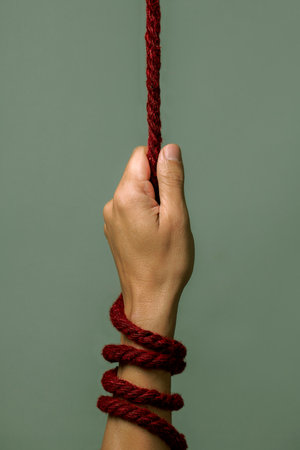 a man pulls a red rope, depicting the struggle against aids, in front of a gray backgroundの写真素材