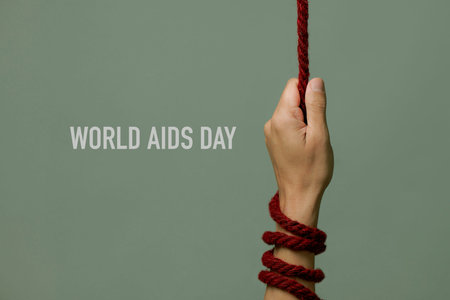 the text world aids day and a man pulling a red rope, symbolizing the struggle against this disease, on a gray backgroundの写真素材
