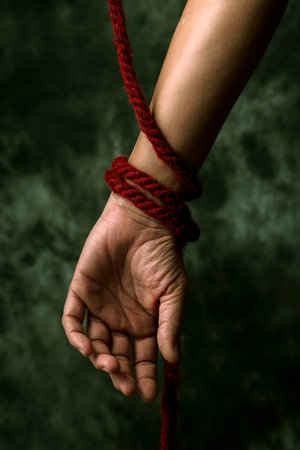 a red rope, symbolizing the struggle against aids, around the arm of a man in front of a dark gray...