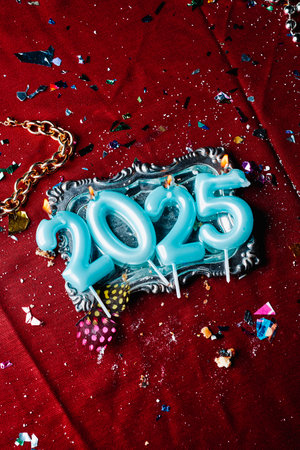 some blue lit number-shaped candles forming the number 2025, as the new year, on a silver tray, placed on a table covered with a red tablecloth and some confetti scattered next to itの写真素材