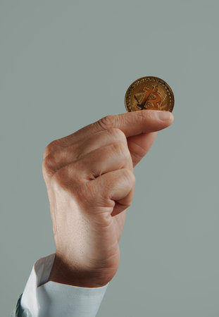 closeup of a businessman, wearing a white shirt and a gray jacket, with a bitcoin in his hand on a gray backgroundの写真素材