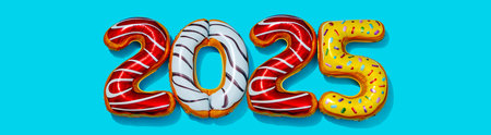 foil number-shaped balloons of different colors forming the number 2025, as the new year, on a blue...