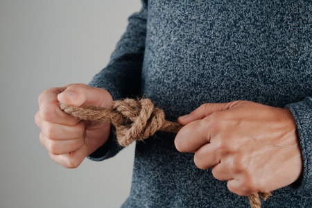 a man tries to make a slipknot with a jute rope, against a gray backgroundの写真素材