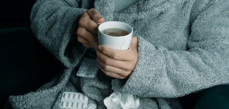detail of an ill man, warming up with a cup of hot herbal tea, wrapped in a fluffy gray house robe, at homeの写真素材