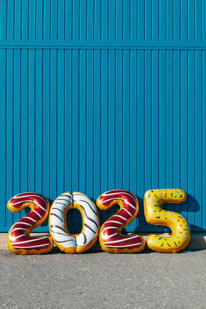 some foil balloons of different colors forming the number 2025, as the new year, leaning on a wall covered with a blue corrugated metal siding with some blank space on topの写真素材