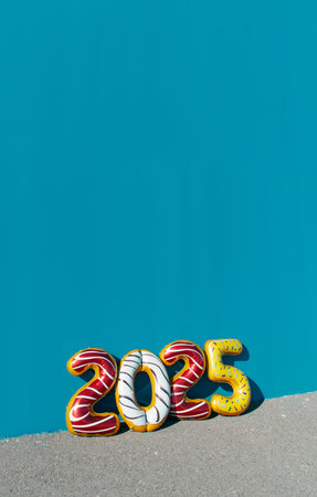 four number-shaped balloons of different colors forming the number 2025, as the new year, outdoors, leaning on a blue wall with some blank space on topの写真素材