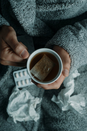 closeup of an ill man, warming up with a cup of hot herbal tea, at home, wrapped in a fluffy gray house robeの写真素材
