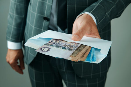closeup of a businessman, wearing a gray suit, offering an envelope with some hungarian forint notes to the observer indoorsの写真素材