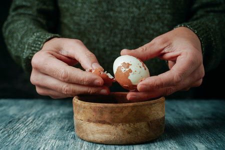 closeup of a man peeling the shell of a brown hard-boiled egg at a rustic gray wooden tableの写真素材