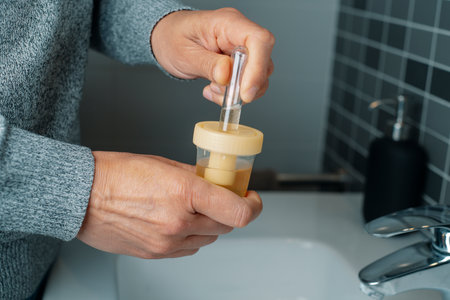 a caucasian man fills a tube with a urine sample from a sterile plastic container full of urine, in the bathroomの写真素材