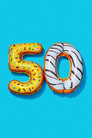 some foil balloons of different colors forming the number 50 on a blue backgroundの写真素材