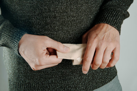 closeup of a man, wearing gray trousers and a green sweater, taking a recycled paper tissue out of a tissue pack, indoorsの写真素材
