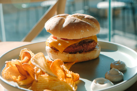 plate with a veggie cheeseburger, served with some sweet potato chips as side dish, on a tableの写真素材