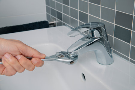 closeup of a man using a wrench to remove the aerator from a sink faucet in a domestic bathroomの写真素材