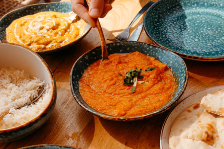 closeup of a man serving some chicken tikka masala sitting at an outdoors table where there is a bowl with some basmati rice, a plate with some chicken korma and some naan bread on a plateの写真素材